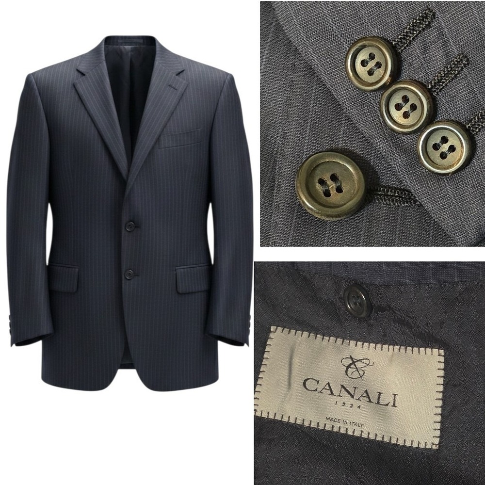 Canali Blazer Men 46 Navy Pinstripe Wool 2-Button Suit Travel Jacket Italy